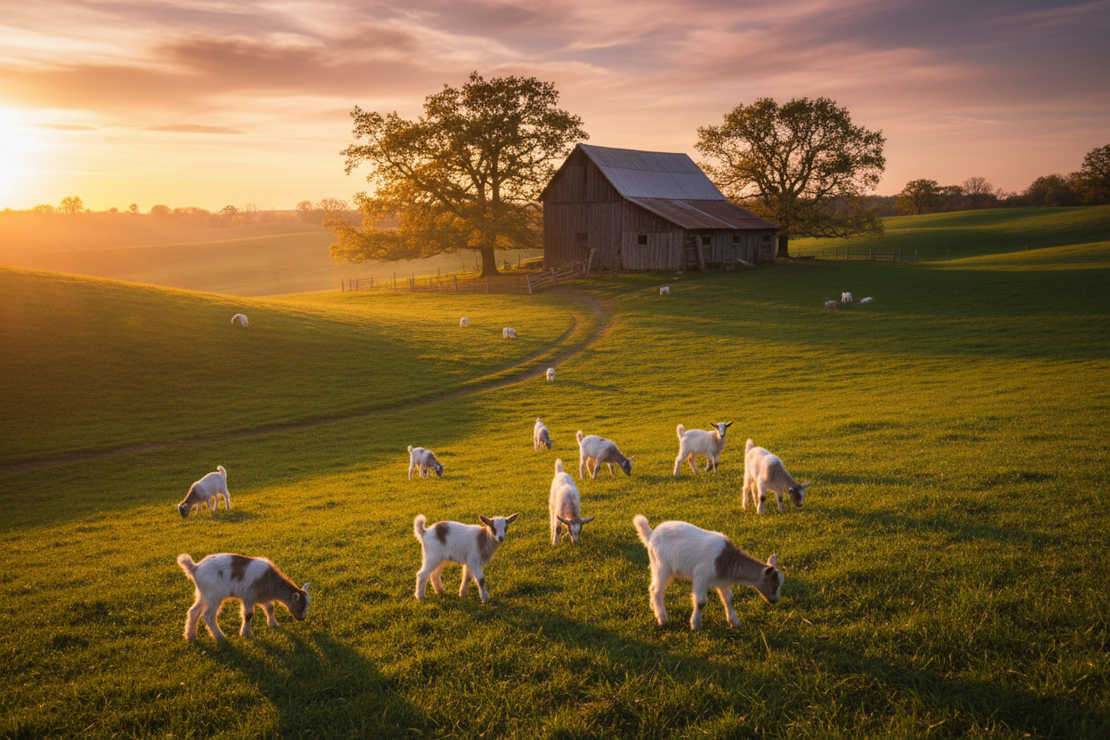 Goats in field with barn in the background